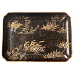 Antique Japanese Lacquer Tray with Maki-e and Inlay Hara Yoyusai Edo Period