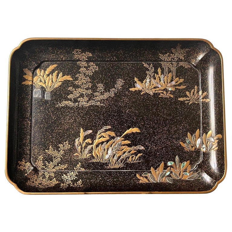 Japanese Lacquer Tray with Makie and Inlay Hara Yoyusai Edo Period For