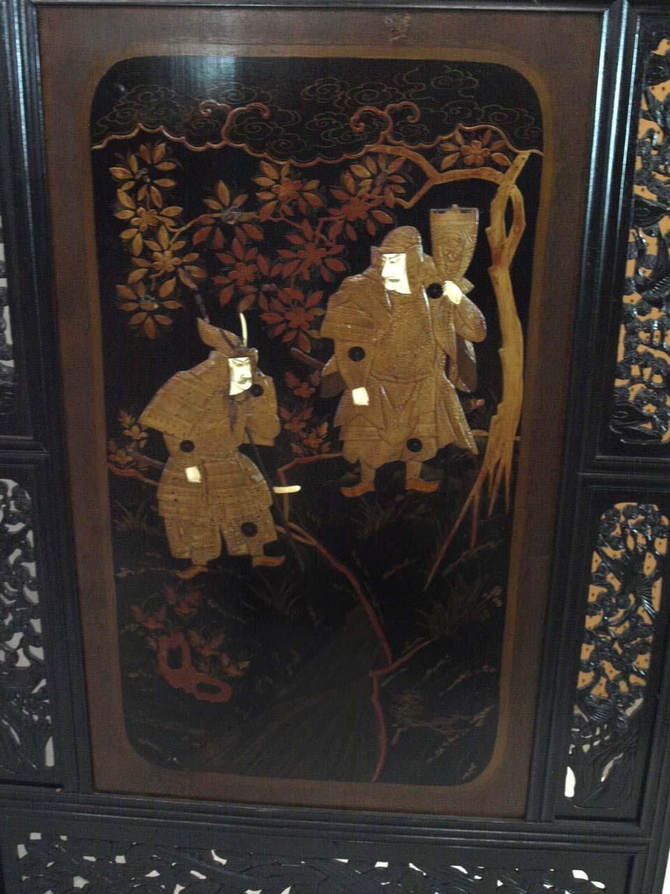 Japanese Lacquer Two Fold Samurai Warrior Screen 10