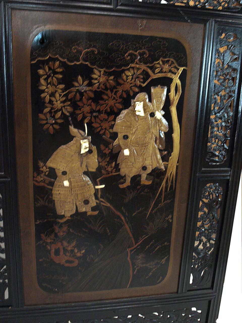 Japanese Lacquer Two Fold Samurai Warrior Screen 2