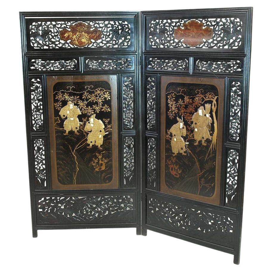 Japanese Lacquer Two Fold Samurai Warrior Screen