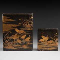 Japanese lacquer writing box and paper storage box set with crane design