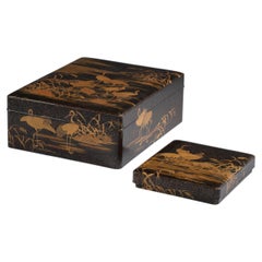 Japanese lacquer writing box and paper storage box set with crane design