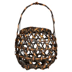 Vintage Japanese Lacquered Bamboo Basket with Twisted Handle