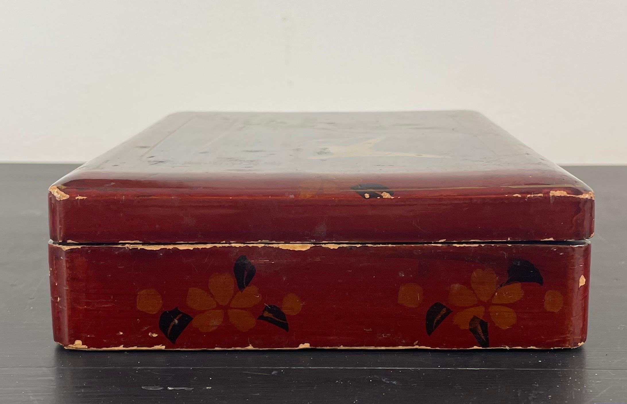 Wood Japanese Lacquered Box Decorated with Birds and Foliage, Signed, Late 19th For Sale