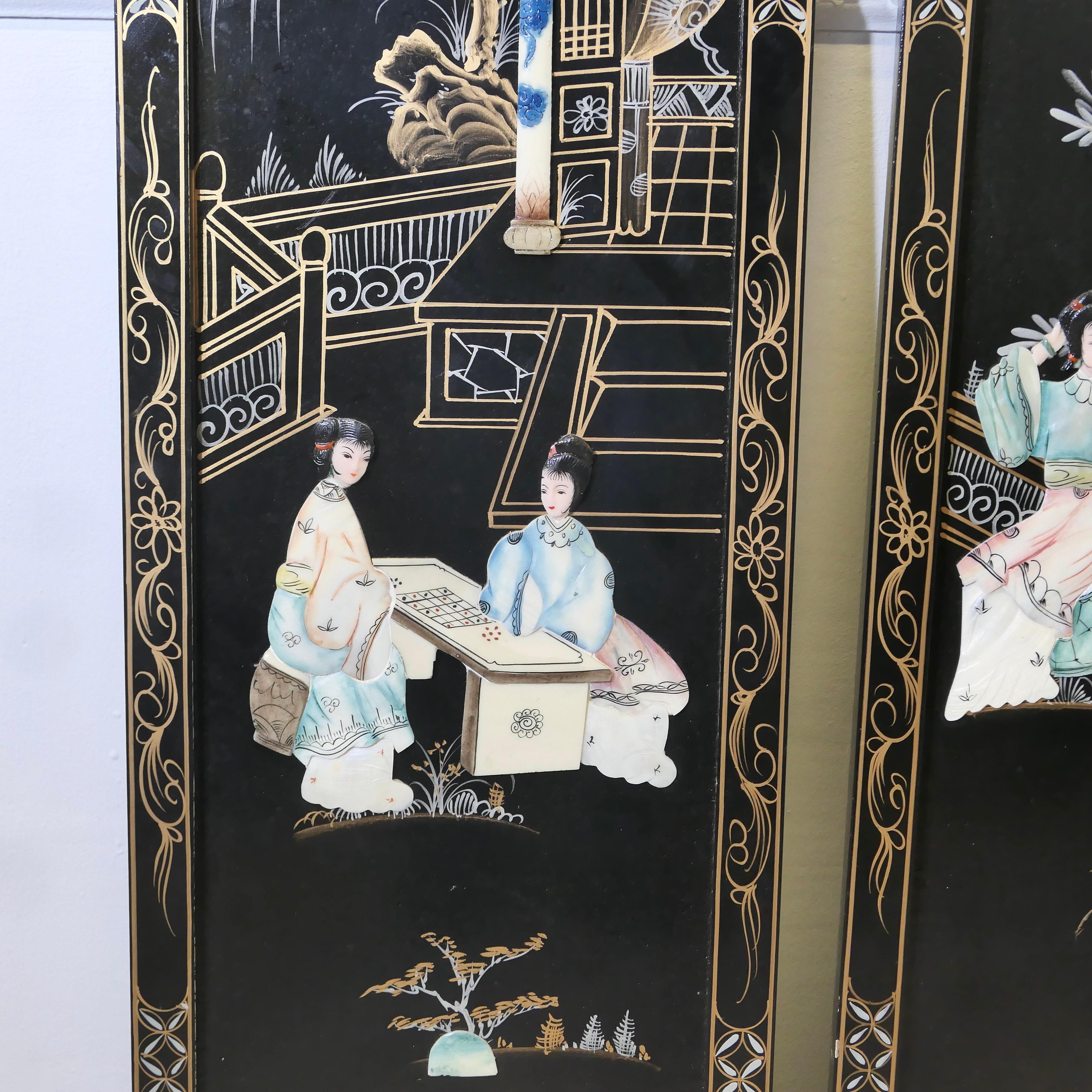 Japanese Lacquered Decorated Wall Panels, Screens 

These 4 very attractive decorated panels in the Shibayama style, probably created for the export market  
They are lacquered in gold and black and set with applied carved simulated Mother of Pearl