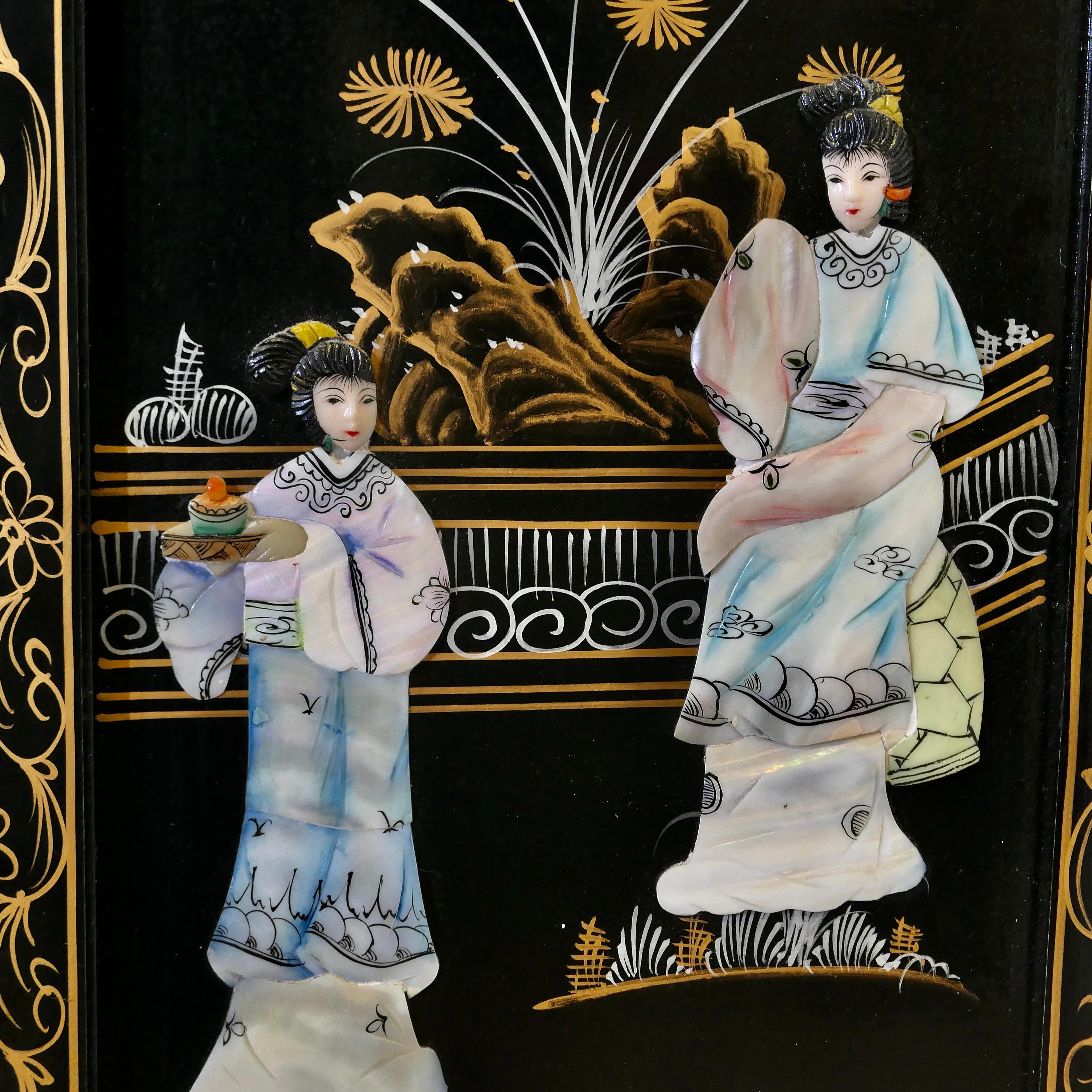 Late 20th Century Japanese Lacquered Decorated Wall Panels  These 4 very attractive screens For Sale