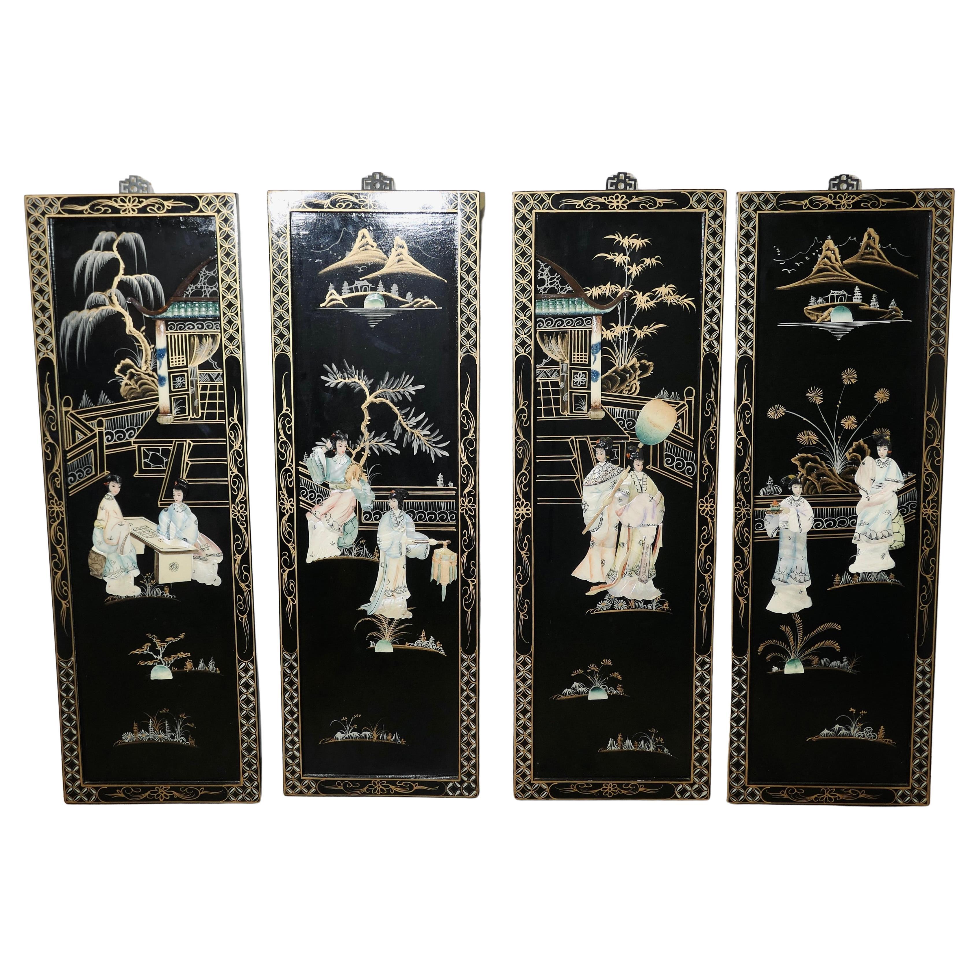 Japanese Lacquered Decorated Wall Panels  These 4 very attractive screens
