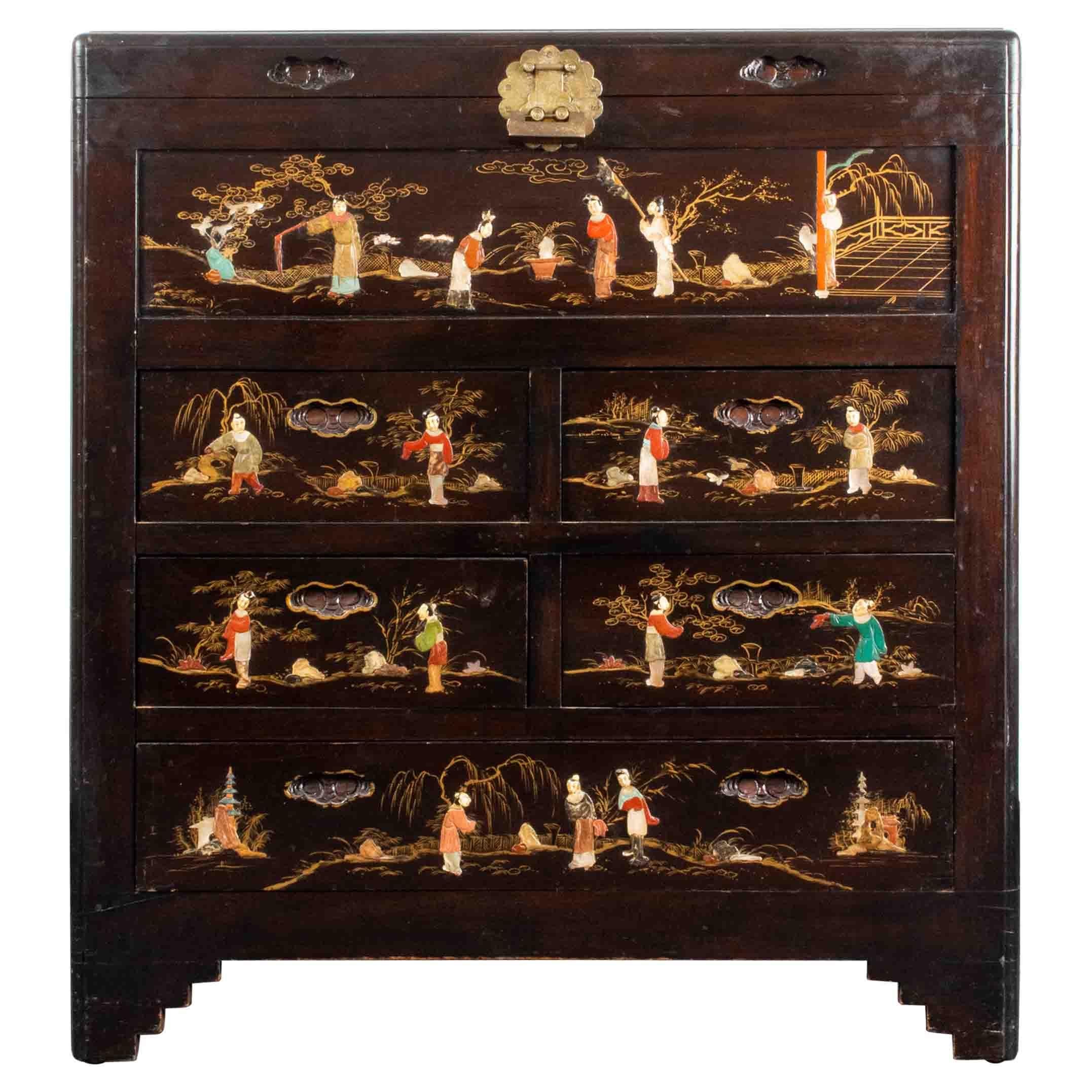 Japanese Lacquered and Hardstone Mounted Chest