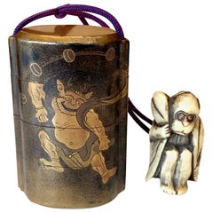 Antique Japanese Lacquered Inro and Netsuke with Raijin Rinpa School