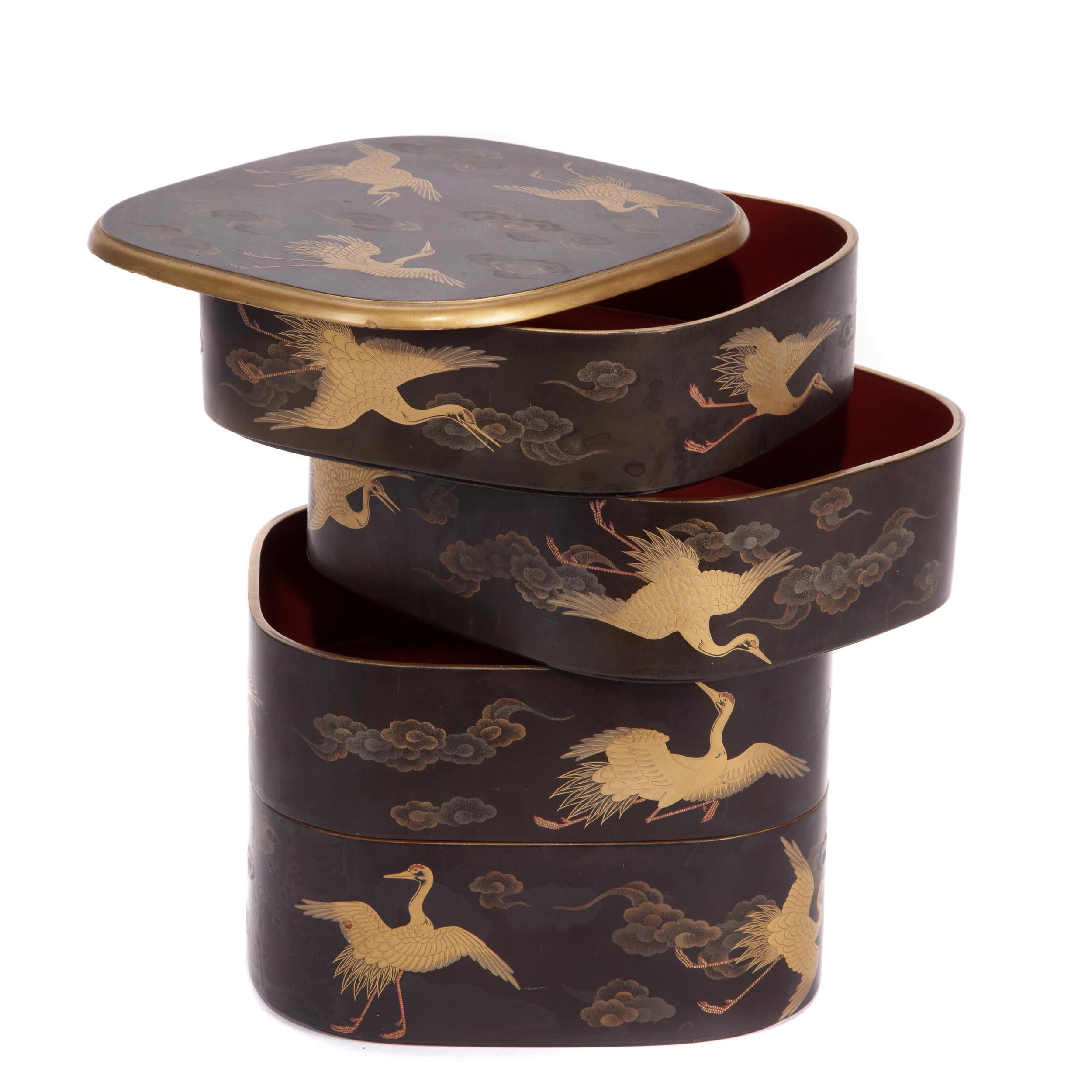 Japonisme Japanese Lacquered Jubako Box with Crane Design