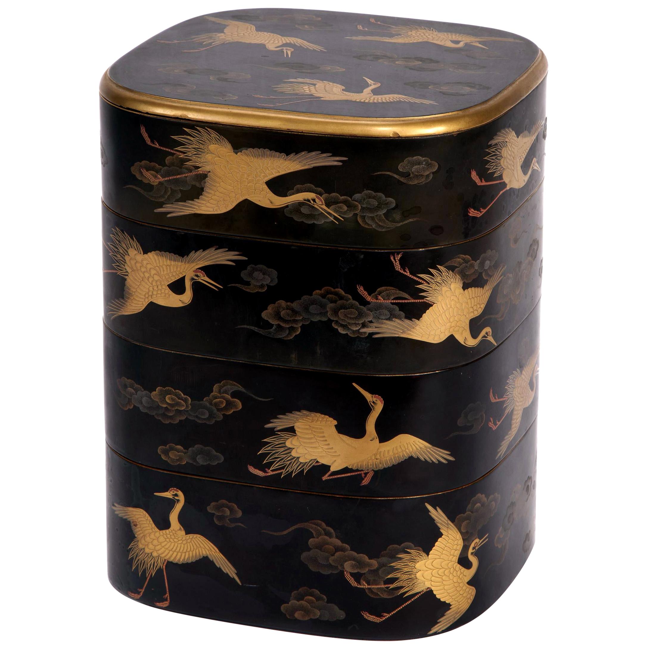 Japanese Lacquered Jubako Box with Crane Design