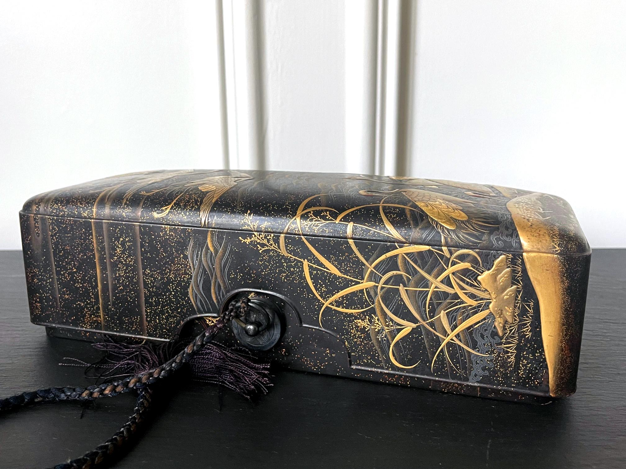 18th Century and Earlier Japanese Lacquered Maki-E Fubako with Cranes Edo Period