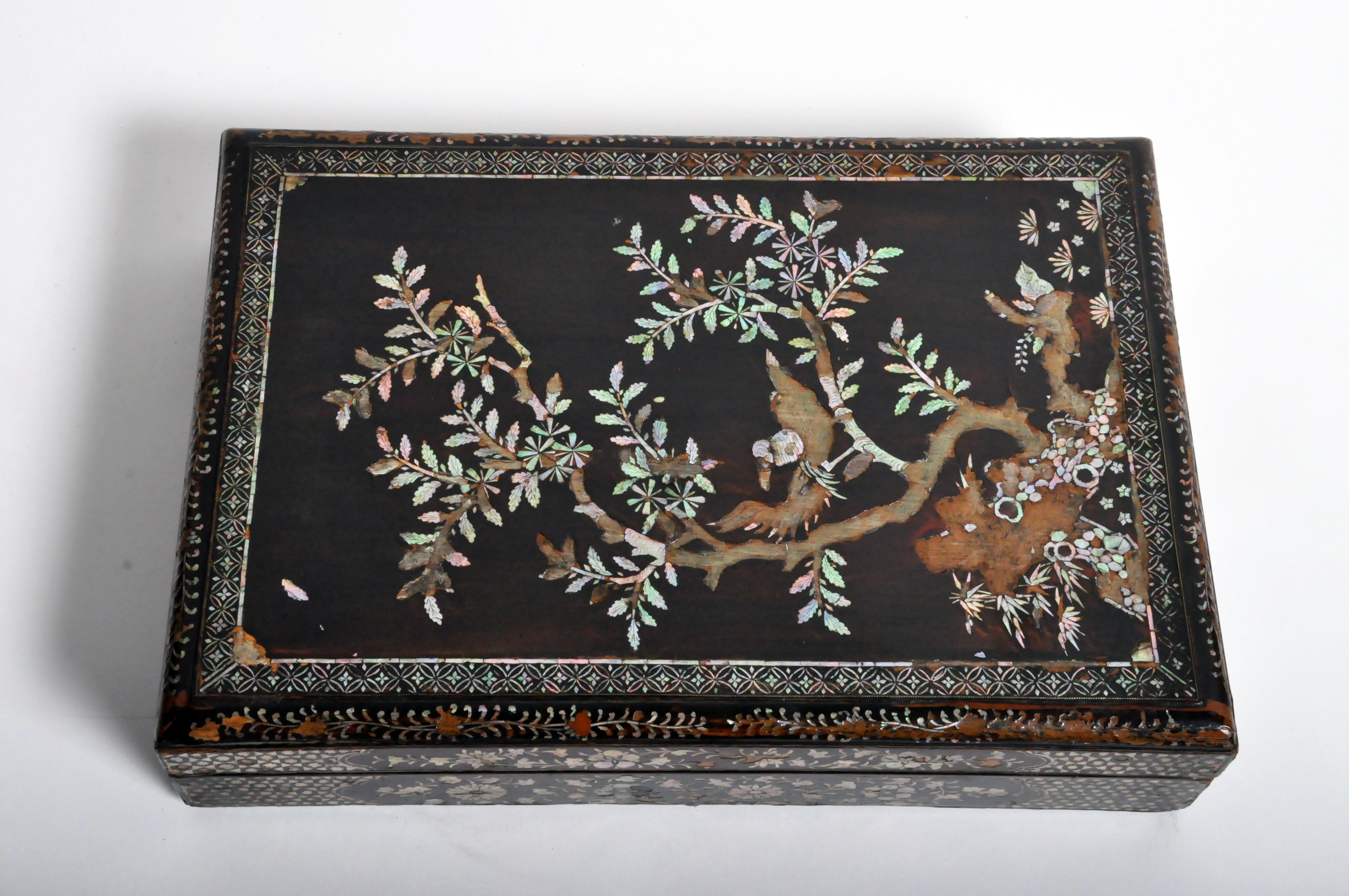 Elegant lacquerware box from Japan made from mother of pearl and lacquer, circa 19th century. The box comes with a “Certificate of Authenticity” from Takashimaya Co., Ltd.
 