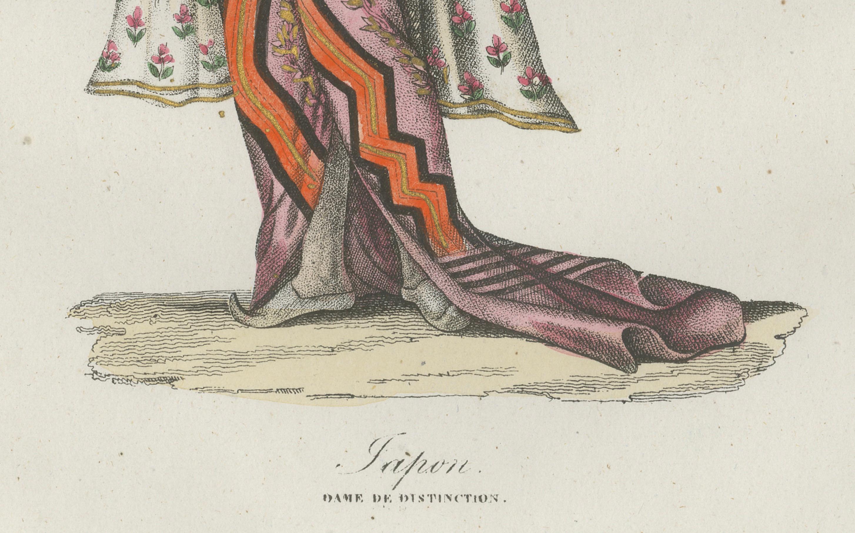Japanese Lady Costume Print – Antique Hand-Colored Lithograph, 1854

This antique hand-colored lithograph, published in 1854 in Album des Voyages Anciens et Modernes by Martial Ardant Frères, depicts a Japanese woman of distinction in elegant