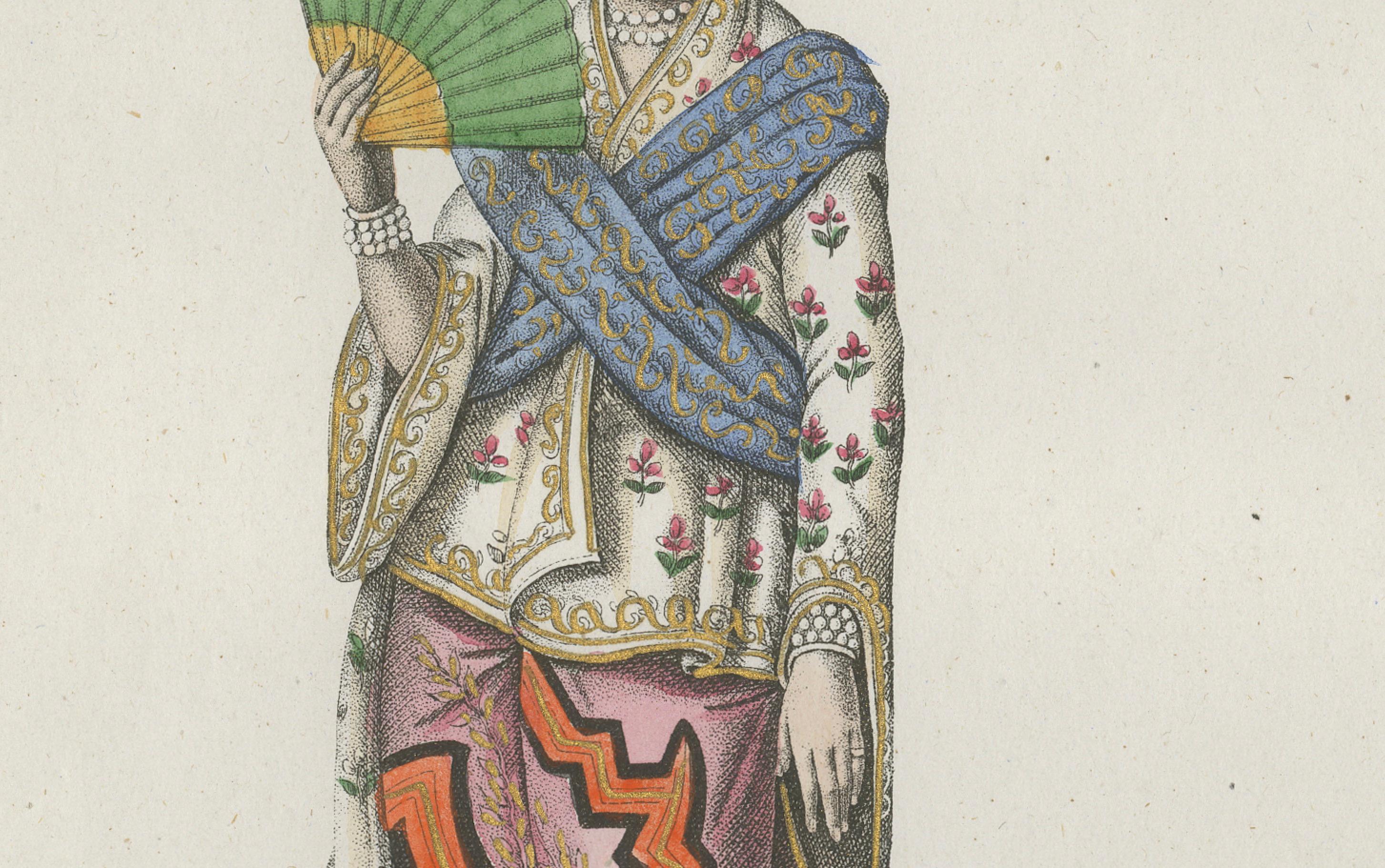 French Japanese Lady Costume Print – Antique Hand-Colored Lithograph, 1854 For Sale