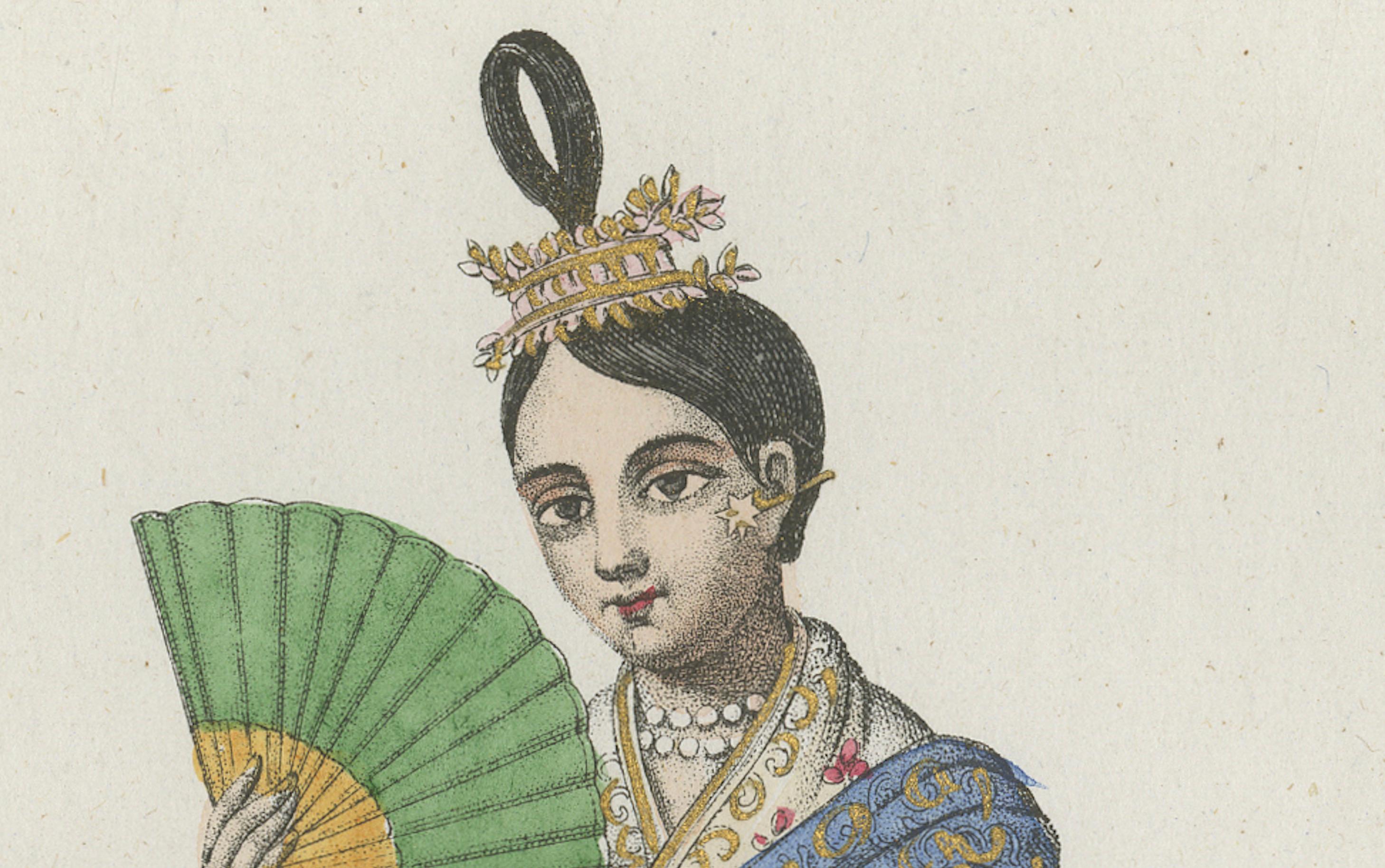 Japanese Lady Costume Print – Antique Hand-Colored Lithograph, 1854 In Good Condition For Sale In Langweer, NL