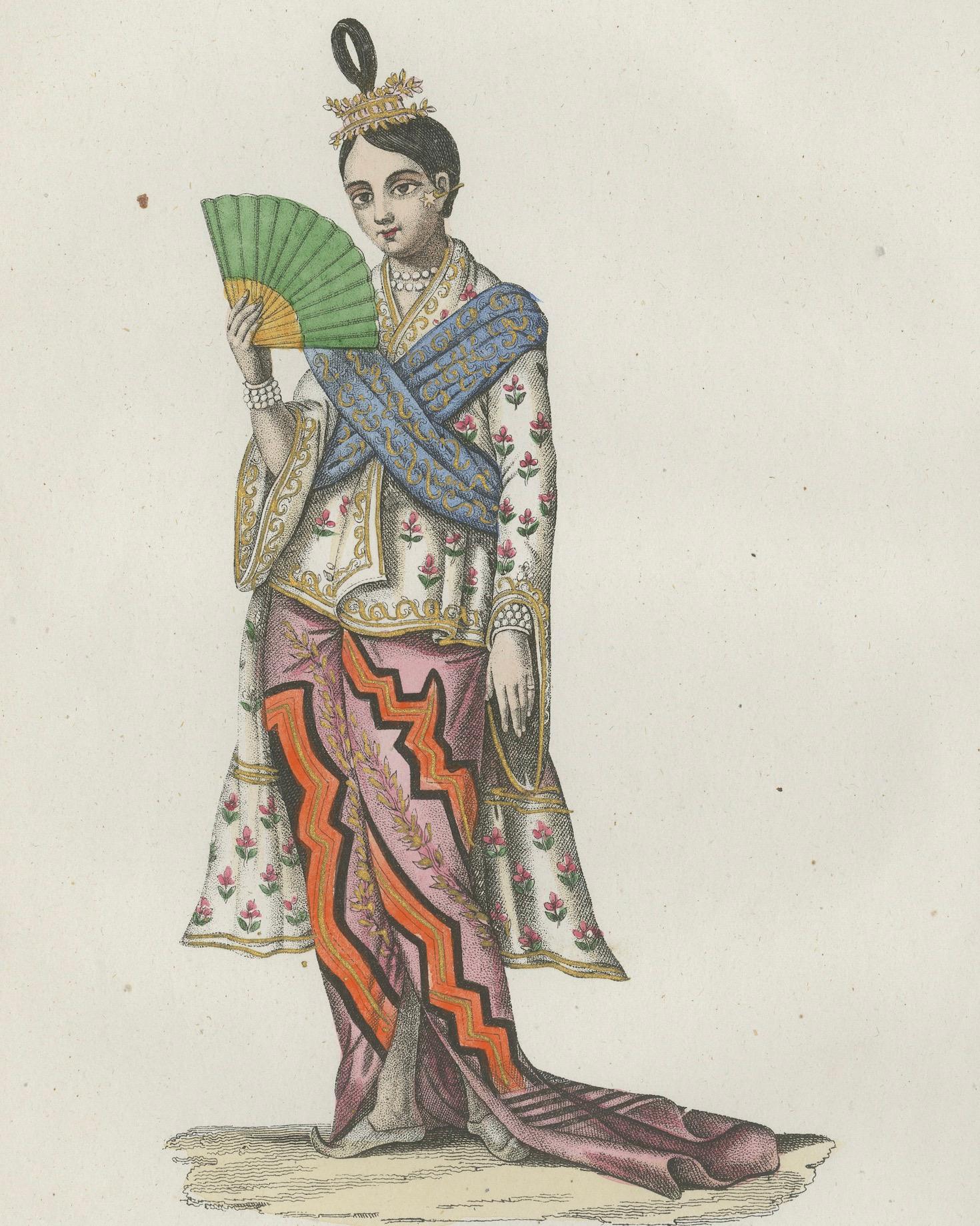 19th Century Japanese Lady Costume Print – Antique Hand-Colored Lithograph, 1854 For Sale