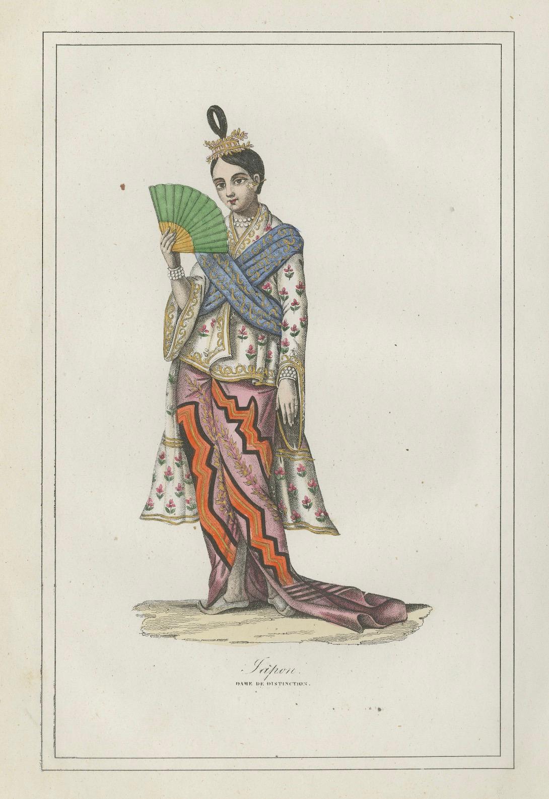 Paper Japanese Lady Costume Print – Antique Hand-Colored Lithograph, 1854 For Sale