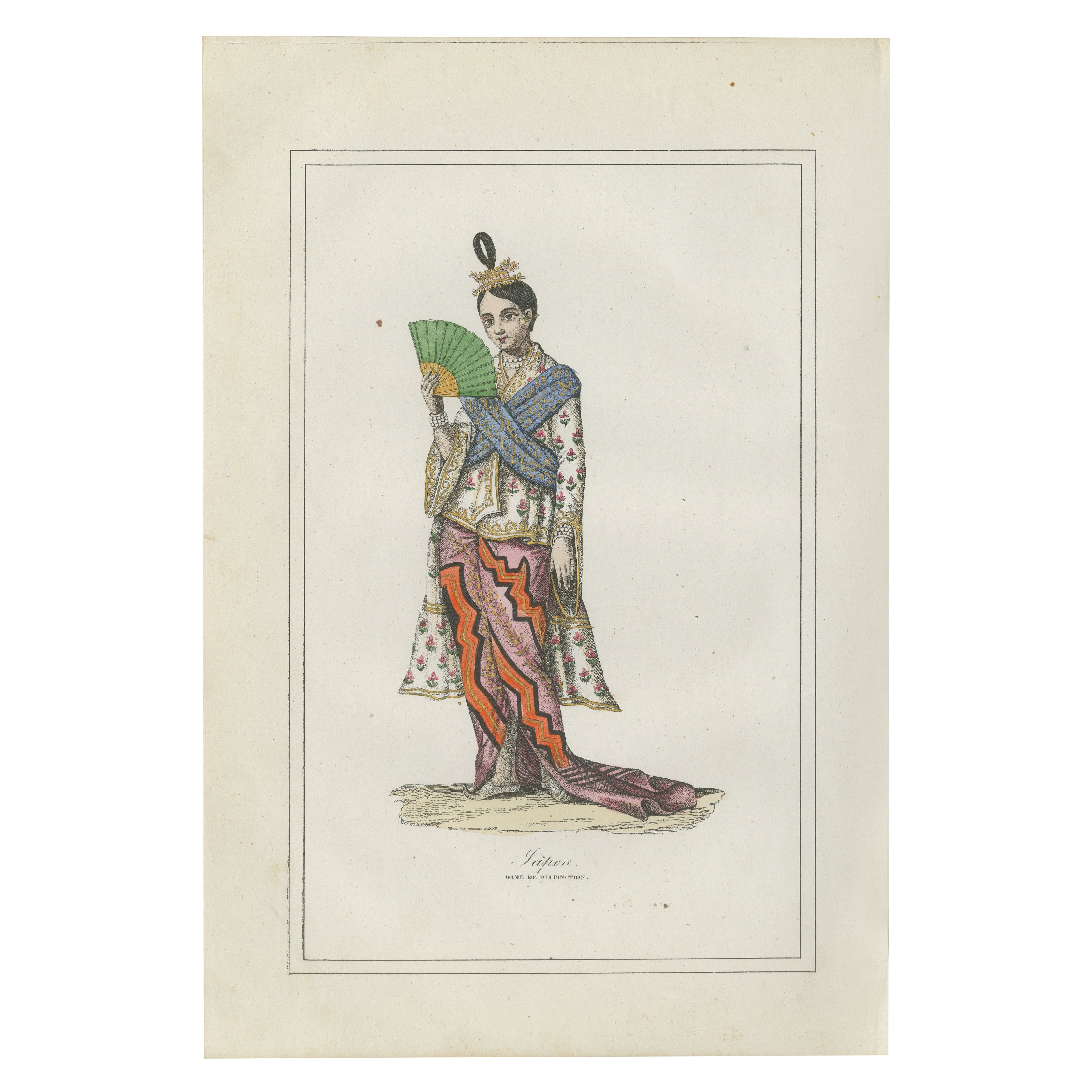 Japanisches Frauenkostüm - Antike handkolorierte Lithographie, 1854