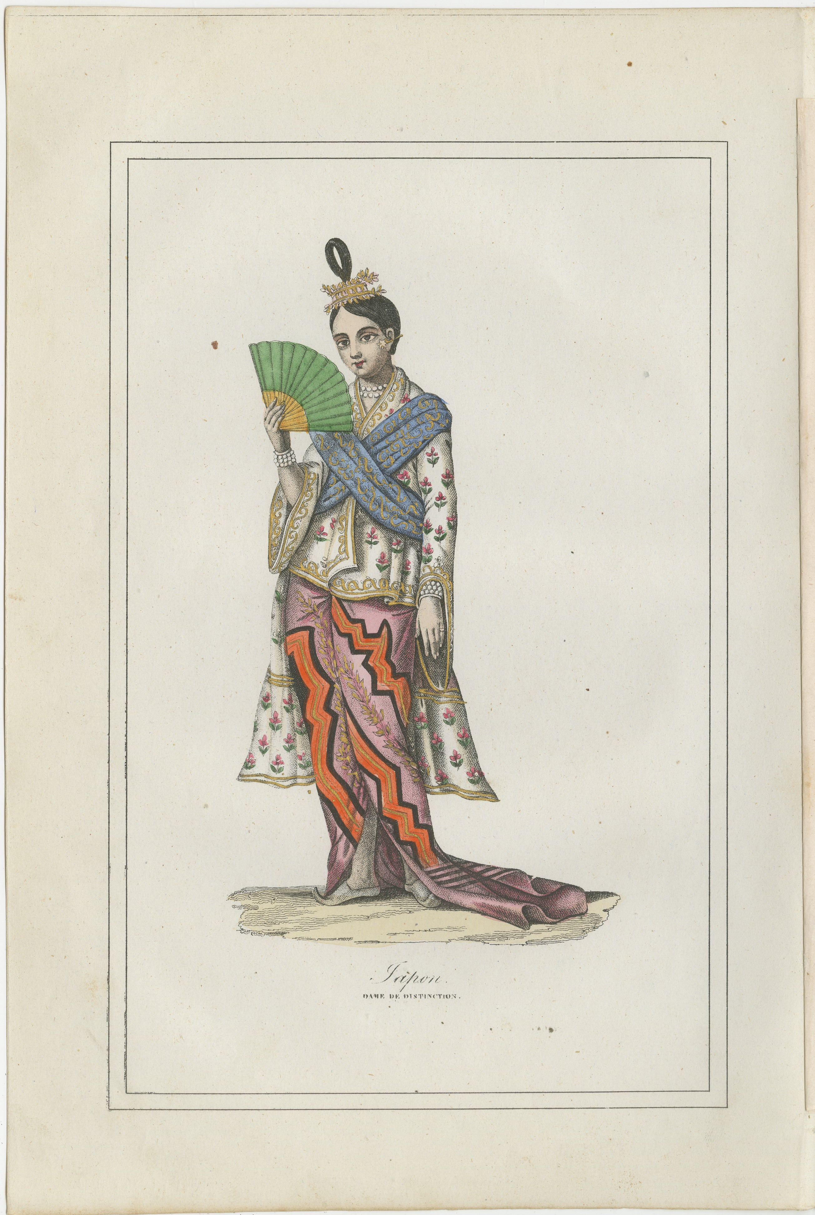 Japanese Lady Costume Print – Antique Hand-Colored Lithograph, 1854