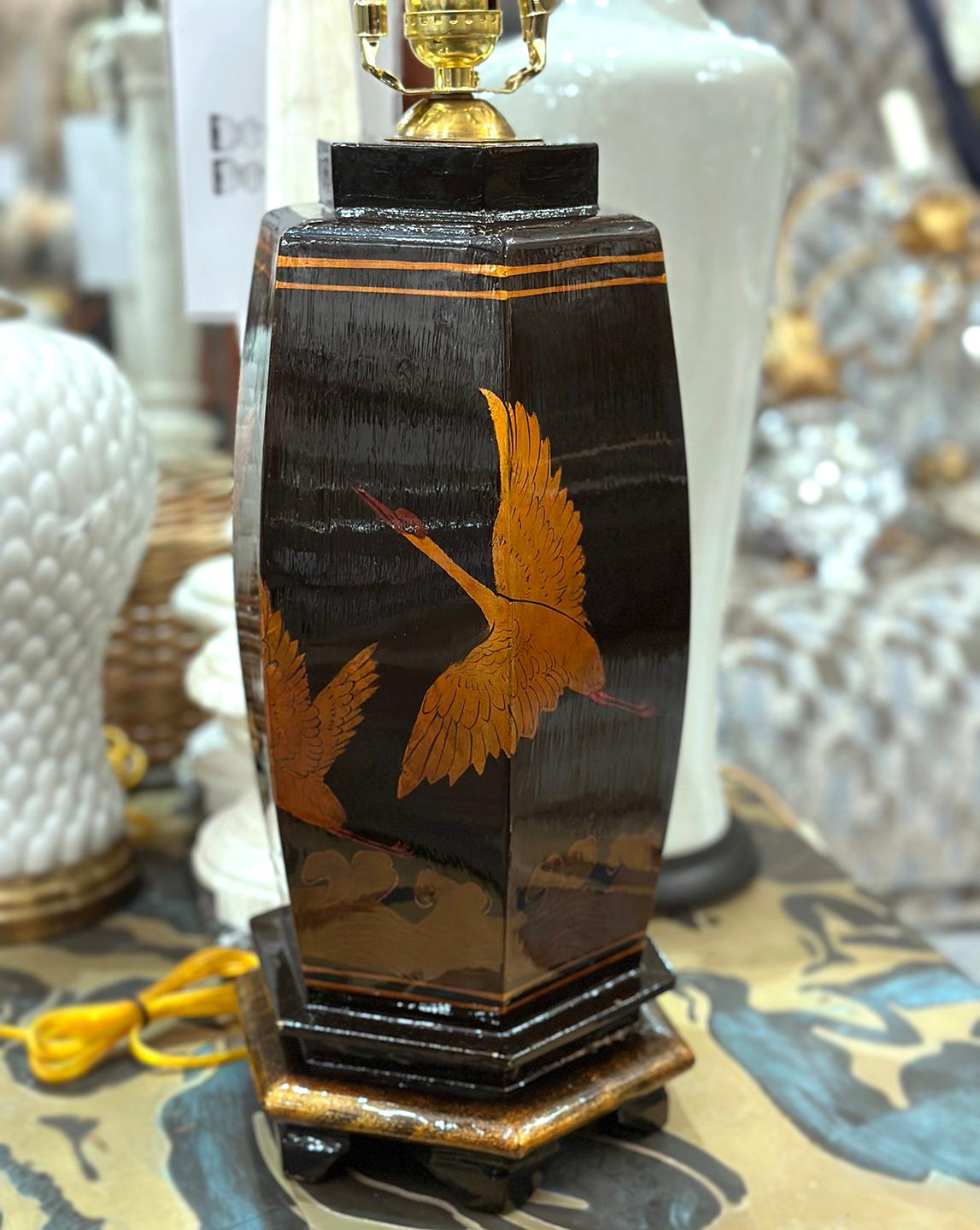 Wood Japanese Lamp with Birds For Sale