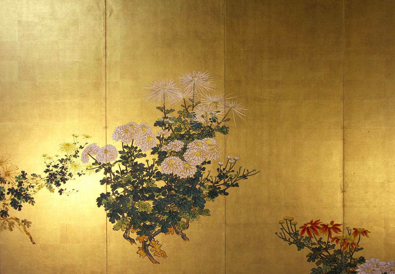 Meiji period, a perfect example of a Japanese screen with classical Rinpa school panels. This beautiful variety of flowers is painted with mineral pigments on gold leaf.