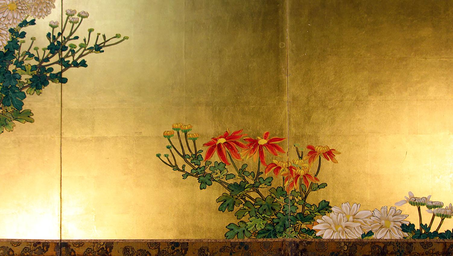 Meiji Japanese Landscape Folding Screen Rice Paper and Gold Leaf