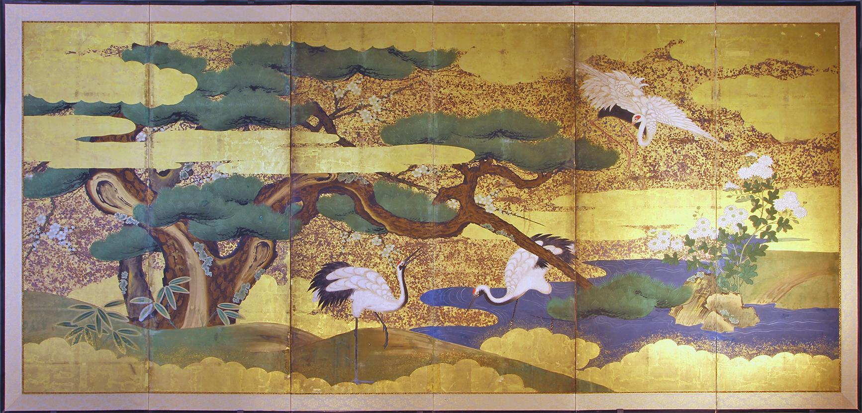Edo Japanese Landscape Folding Screen Rice Paper and Gold Leaf