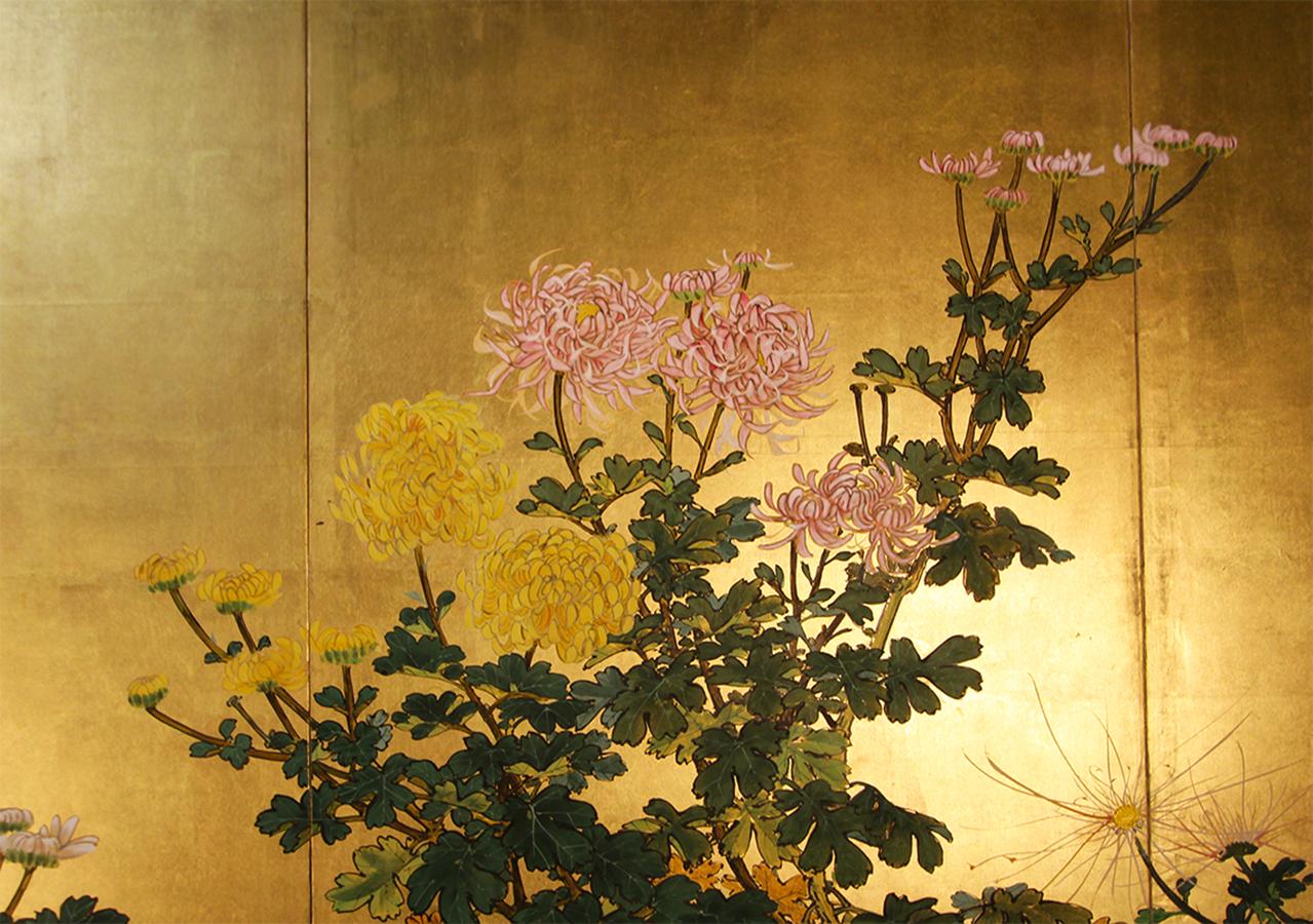 Painted Japanese Landscape Folding Screen Rice Paper and Gold Leaf