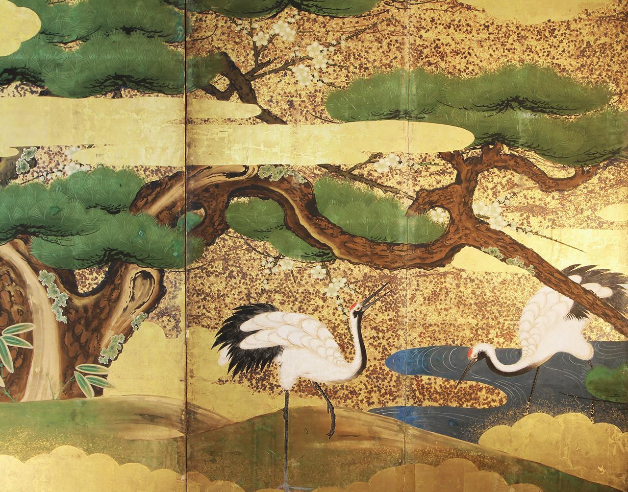 Hand-Painted Japanese Landscape Folding Screen Rice Paper and Gold Leaf