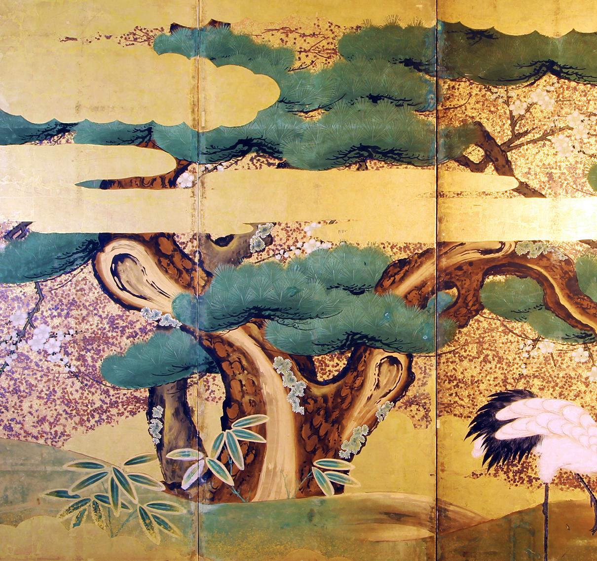 Japanese Landscape Folding Screen Rice Paper and Gold Leaf In Good Condition In Brescia, IT