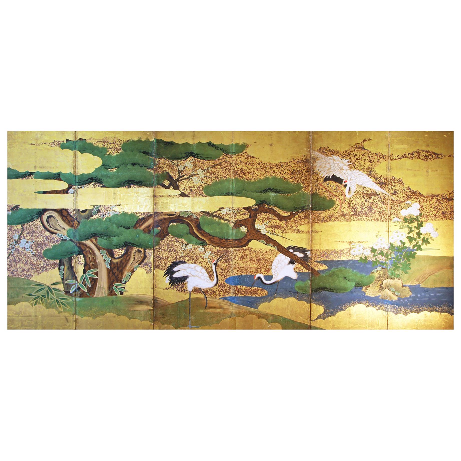 Japanese Landscape Folding Screen Rice Paper and Gold Leaf