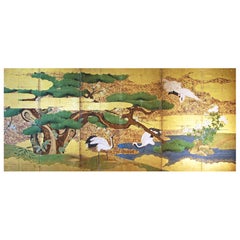 Japanese Landscape Folding Screen Rice Paper and Gold Leaf