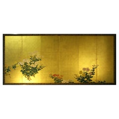 Japanese Landscape Folding Screen Rice Paper and Gold Leaf