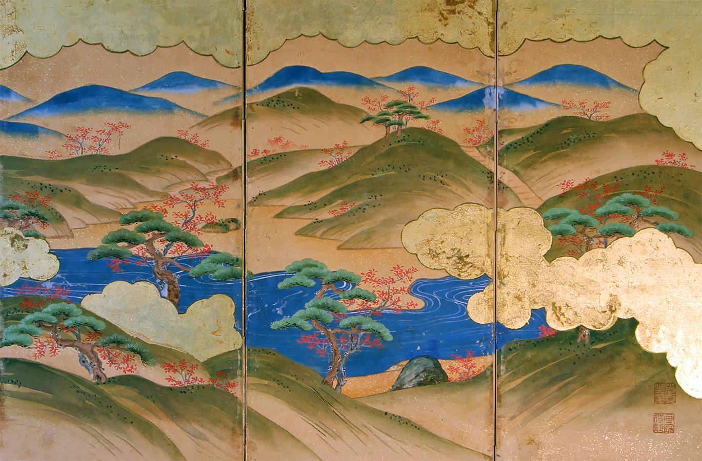 Hand-Painted Japanese Landscape of the 19th Century, Small Six Folding Screen Kano School