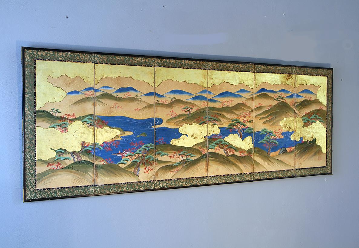 Japanese Landscape of the 19th Century, Small Six Folding Screen Kano School In Good Condition In Brescia, IT