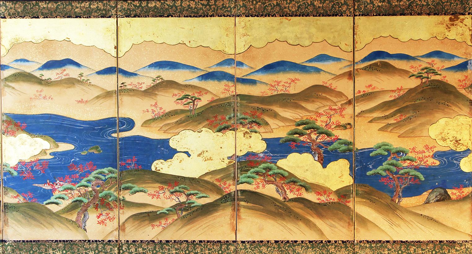 Edo Period, six panels Japanese folding screen hand painted inks and mineral pigment on vegetable paper and gold leaf.