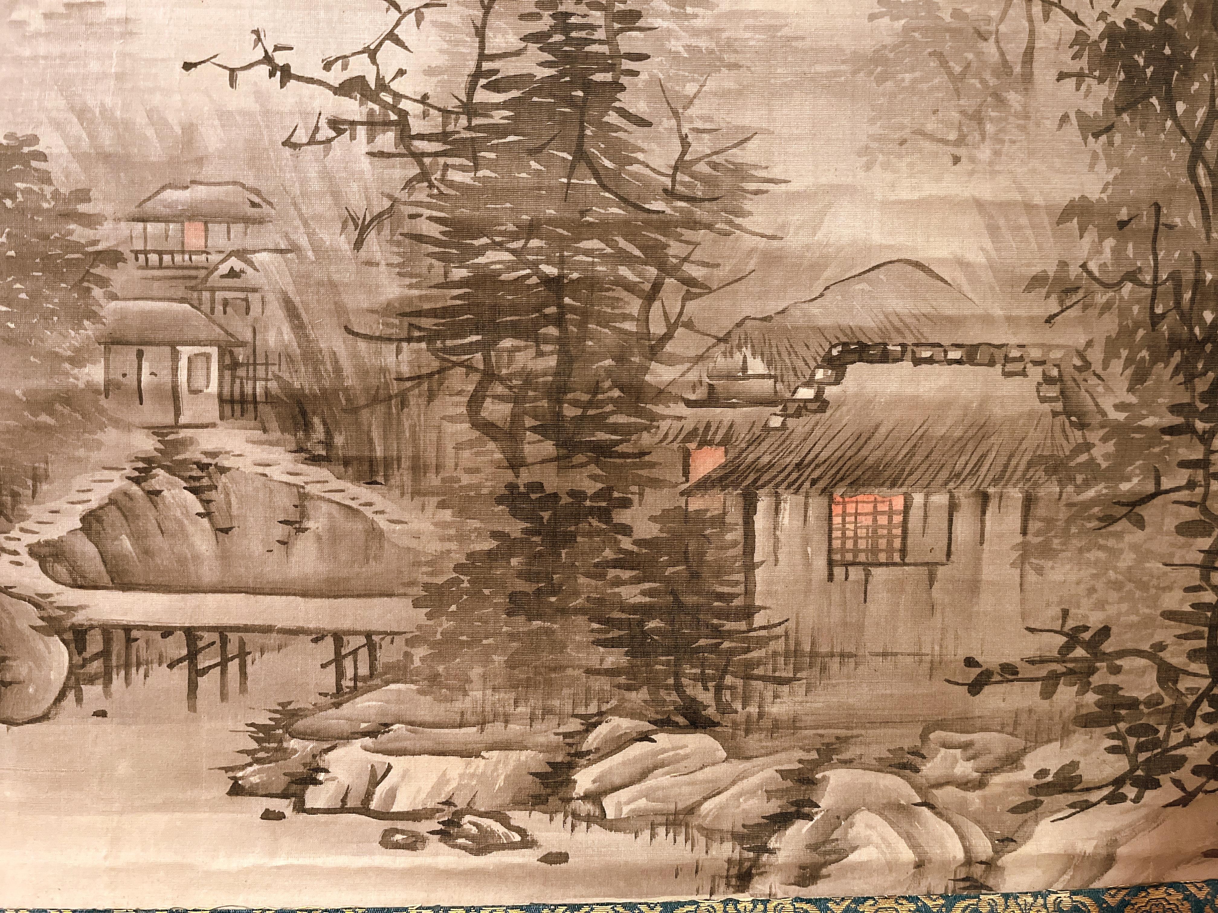 Silk Japanese Landscape Painting, Hanging Scroll Painting  For Sale
