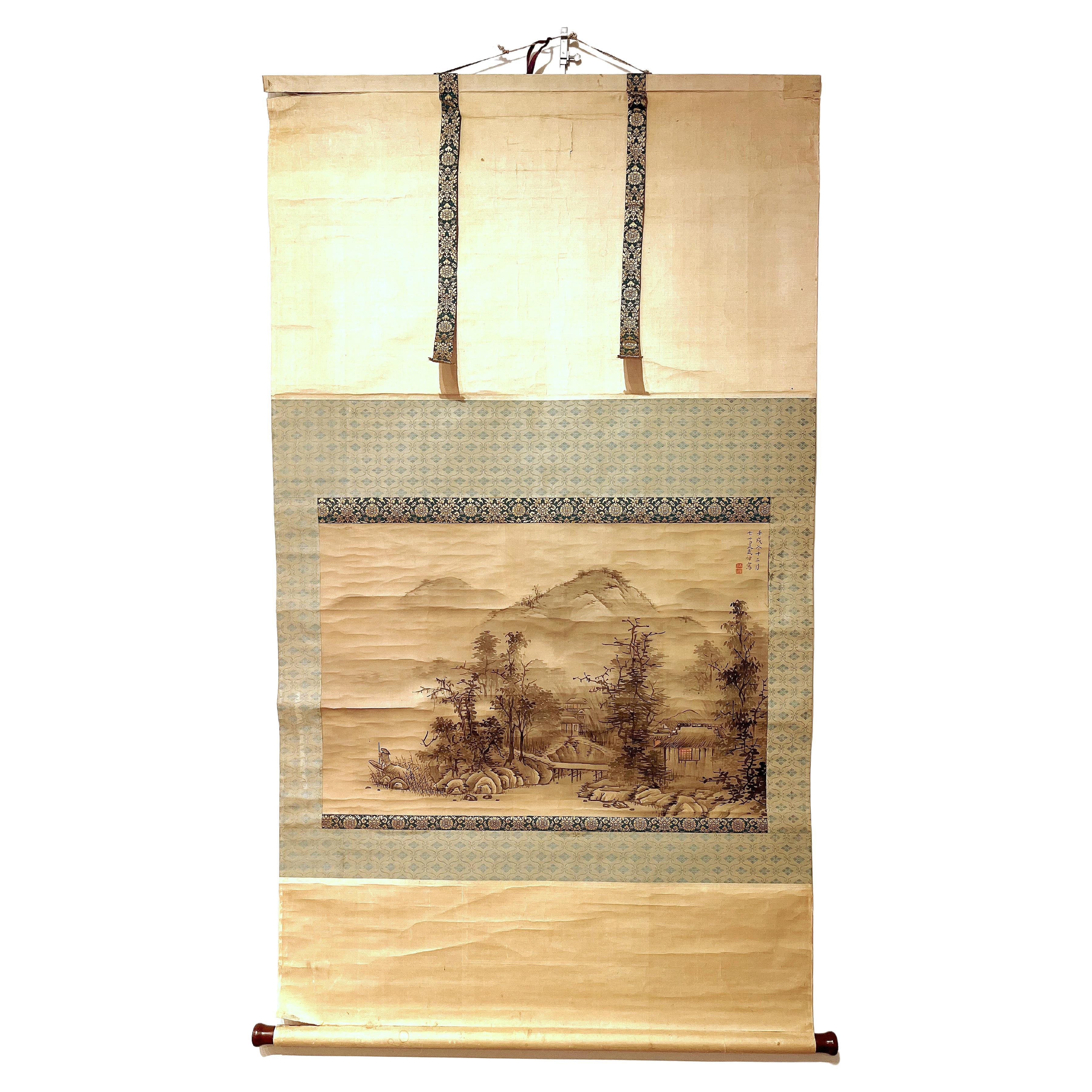 Japanese Landscape Painting, Hanging Scroll Painting  For Sale