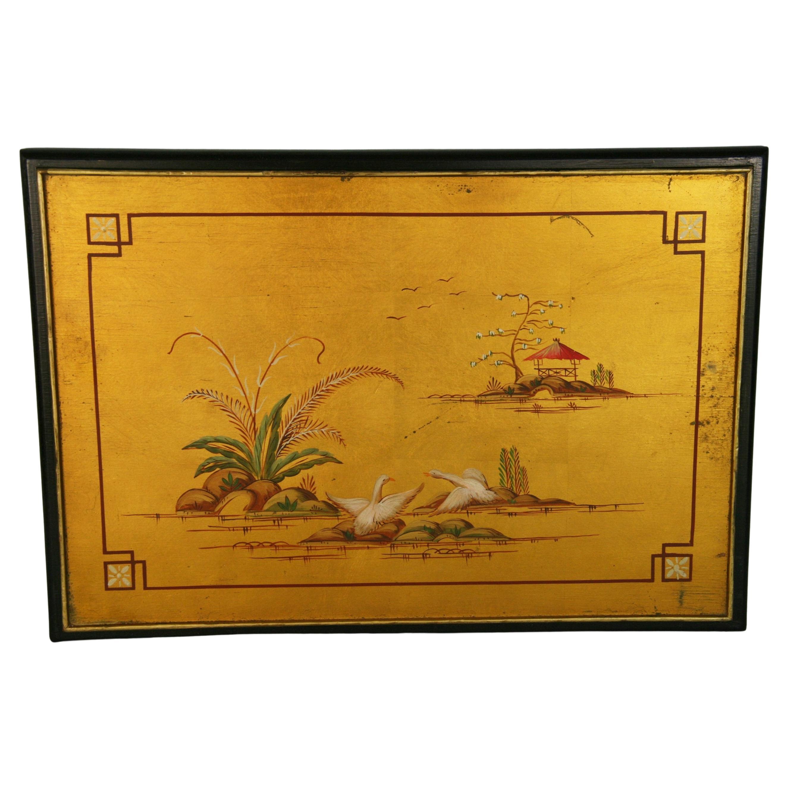 Japanese Landscape Painting on Gilt Wood Panel For Sale