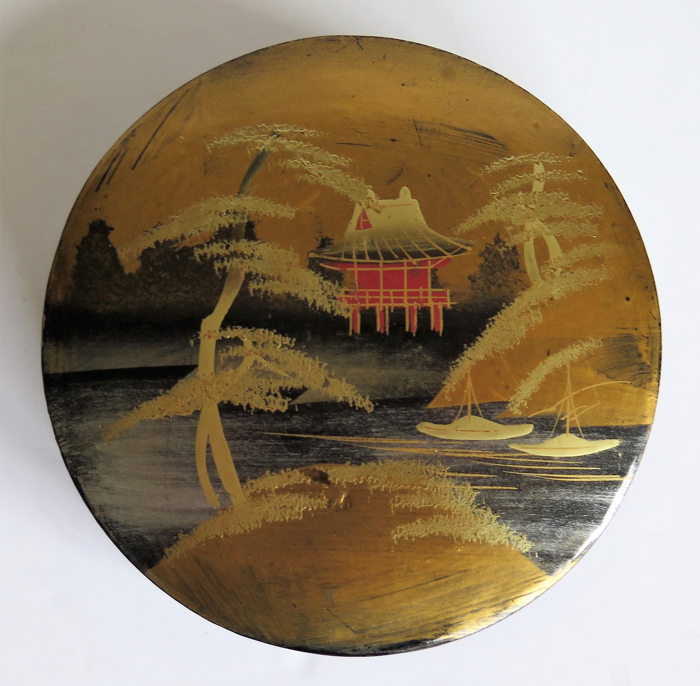 20th Century Japanese Laquered Box and Lid Hand Painted Scene, Meiji Period, circa 1900