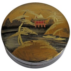 Japanese Laquered Box and Lid Hand Painted Scene, Meiji Period, circa 1900