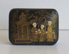 Japanese Laquered Box with Hinged Lid hand painted, 19th Century Meiji Period