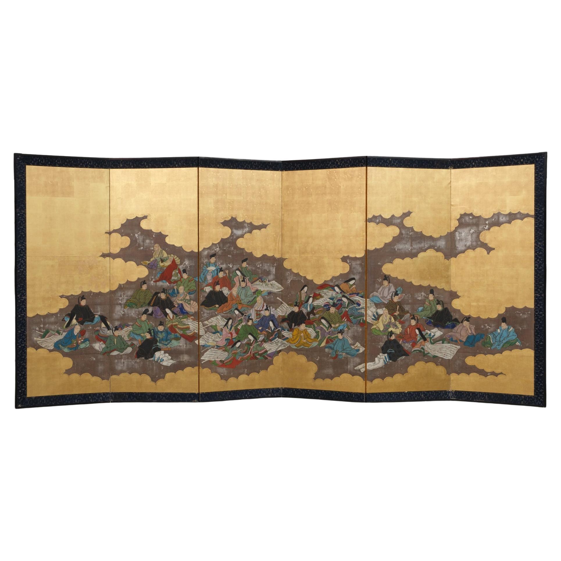 Japanese Large 6-Panel Room Divider Painted with a 'Tale of Genji' 源氏物語 Scene
