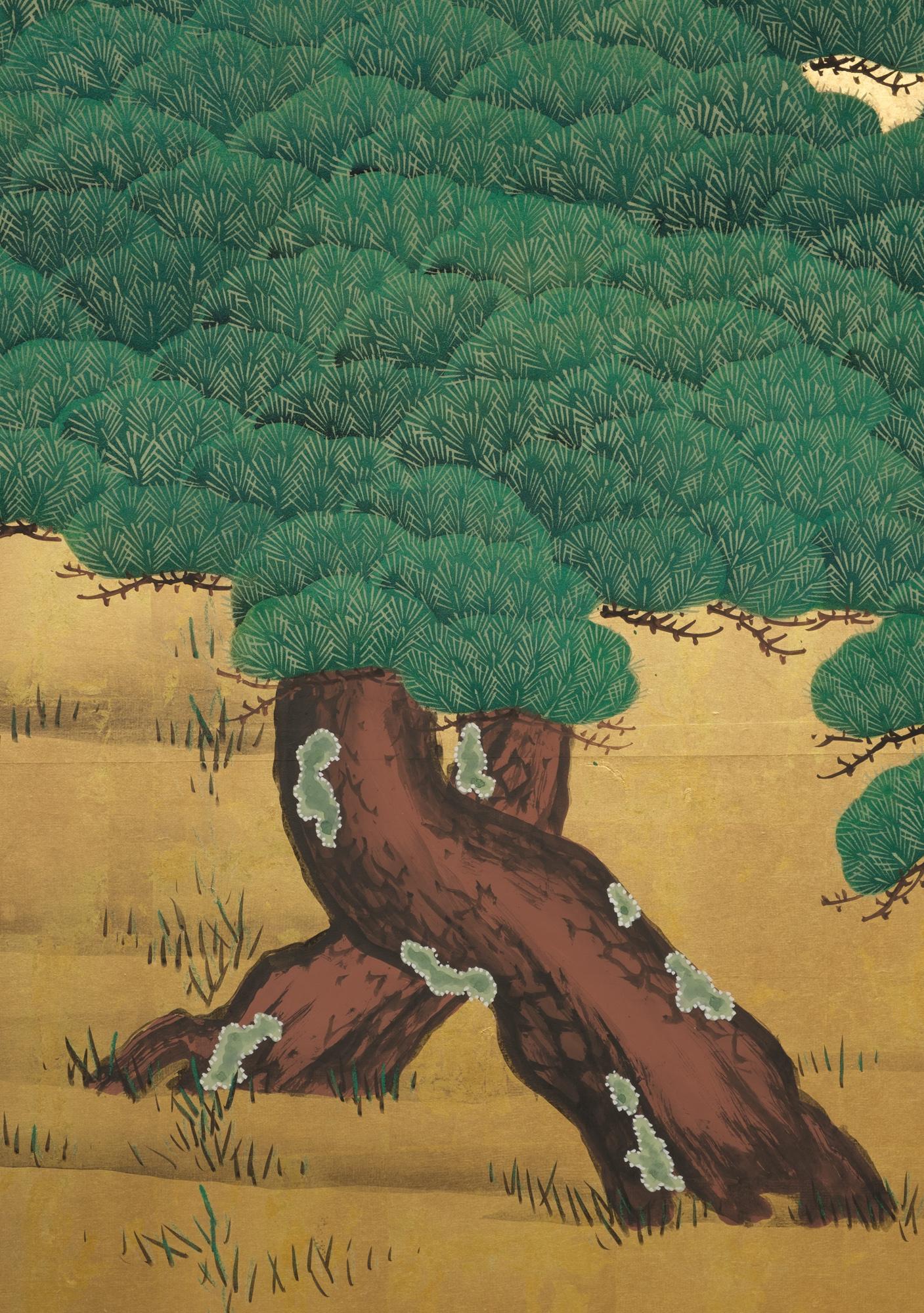 Hand-Painted Japanese Large 6-Panel Room Divider with a Painting of Pine Trees & Bird of Prey