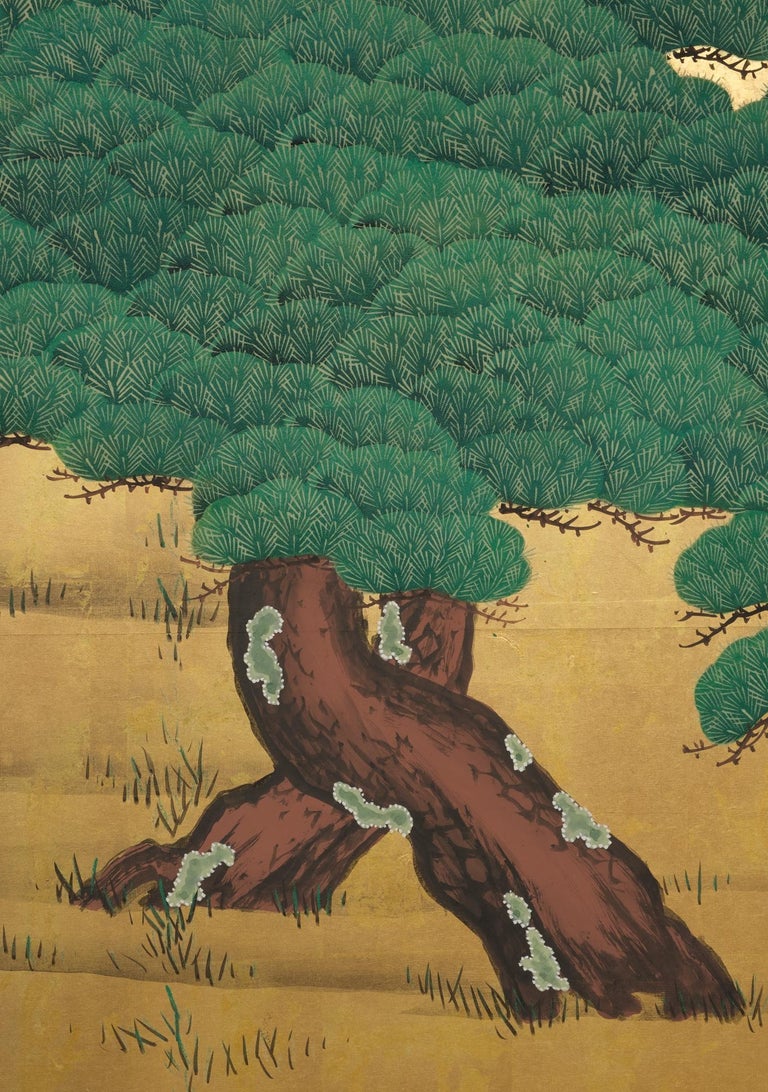Japanese Large 6-Panel Room Divider with a Painting of Pine Trees and ...