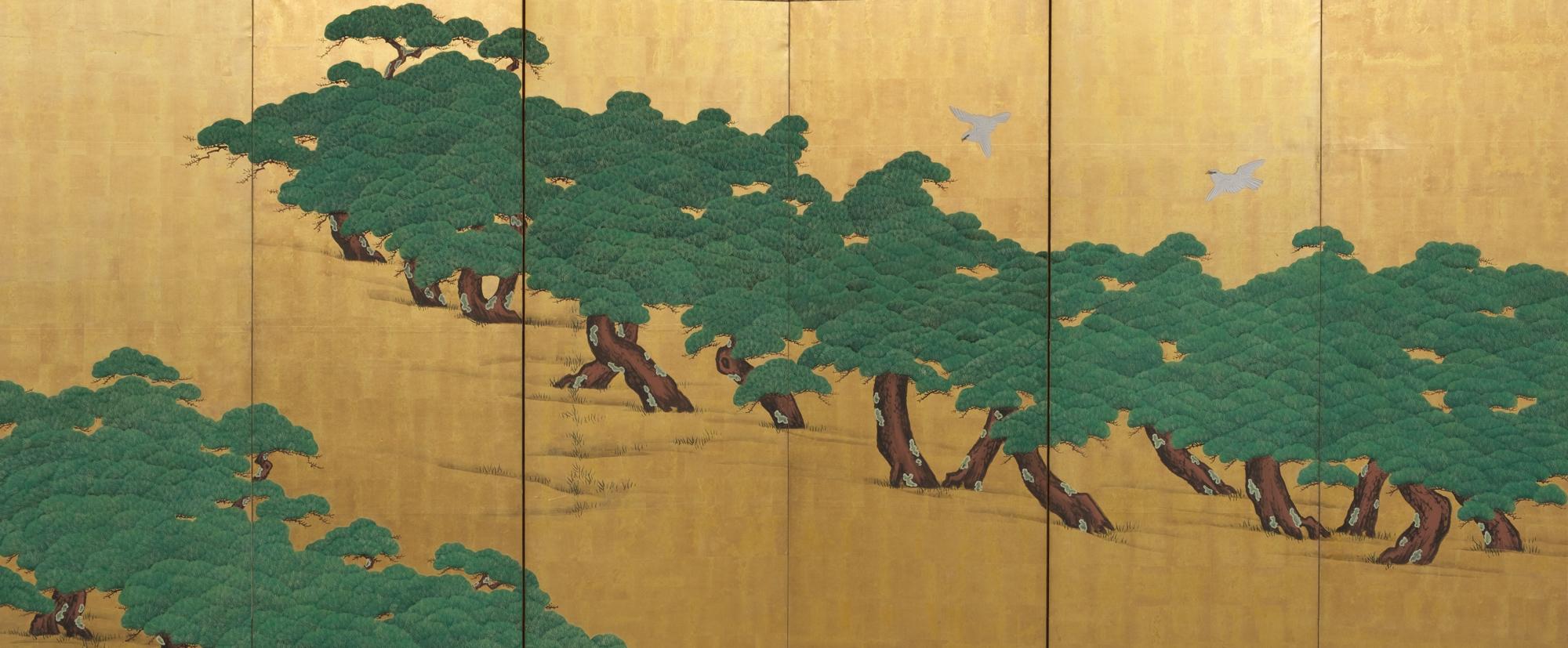 Japanese Large 6-Panel Room Divider with a Painting of Pine Trees & Bird of Prey In Good Condition In Amsterdam, NL