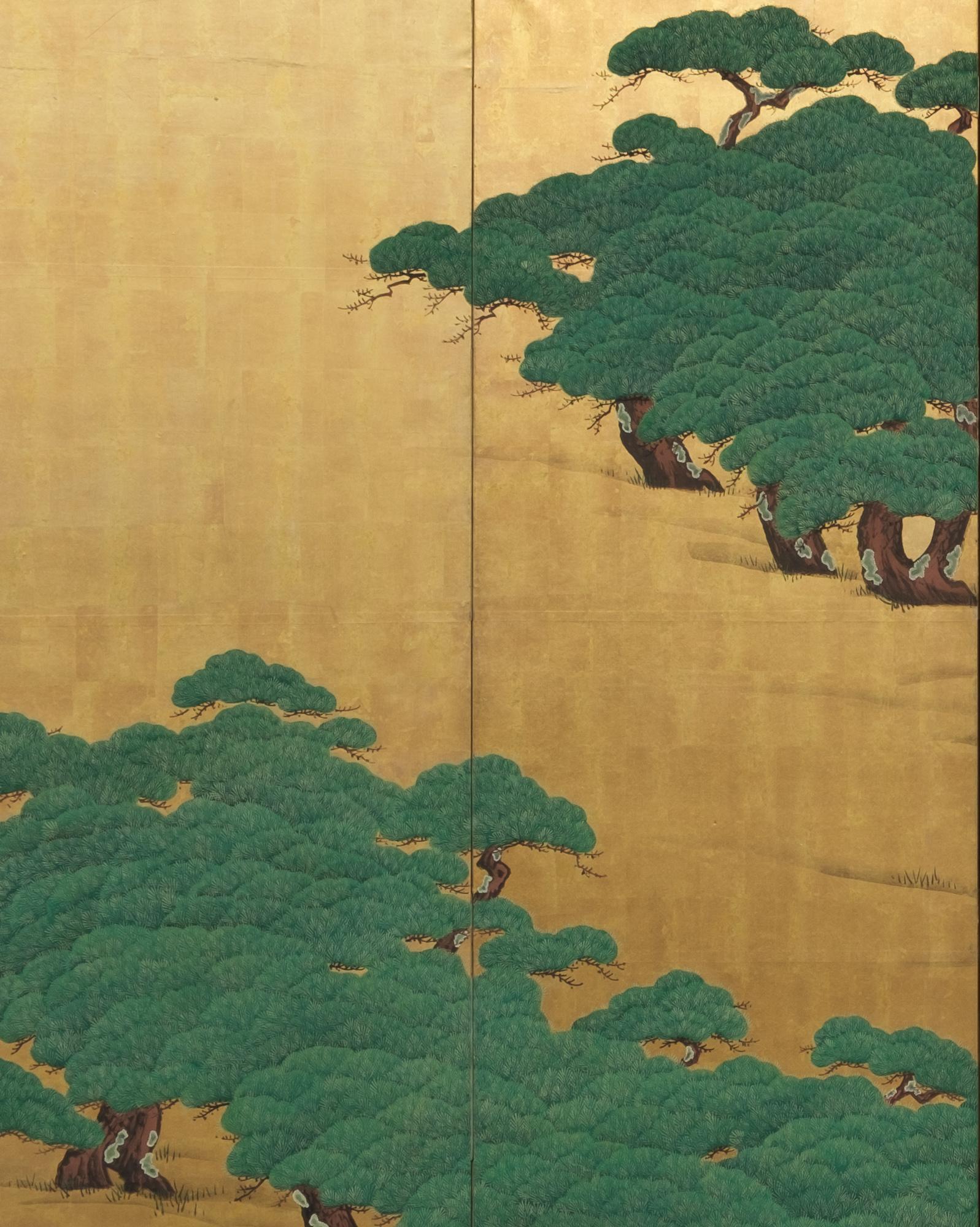 19th Century Japanese Large 6-Panel Room Divider with a Painting of Pine Trees & Bird of Prey