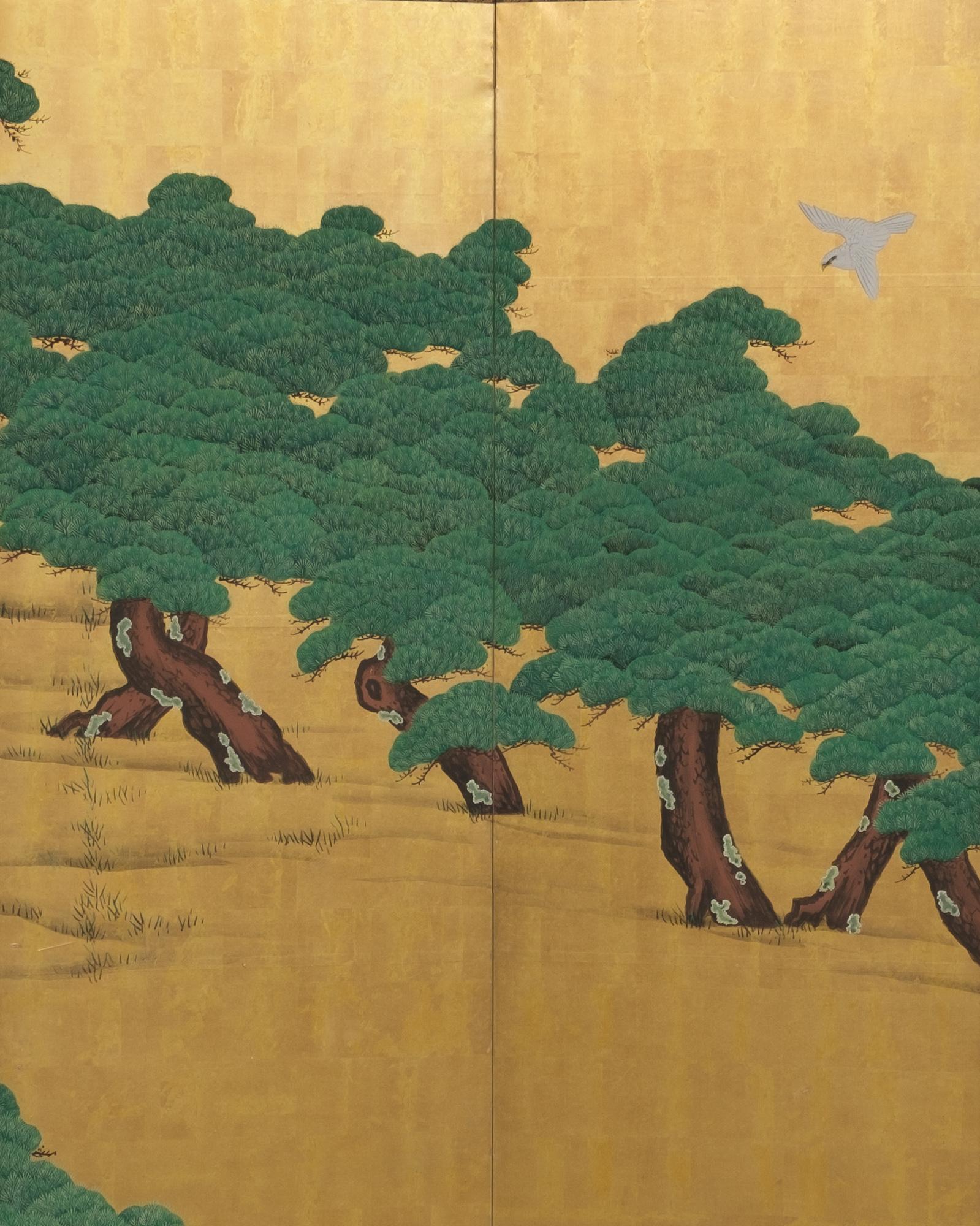 Metal Japanese Large 6-Panel Room Divider with a Painting of Pine Trees & Bird of Prey
